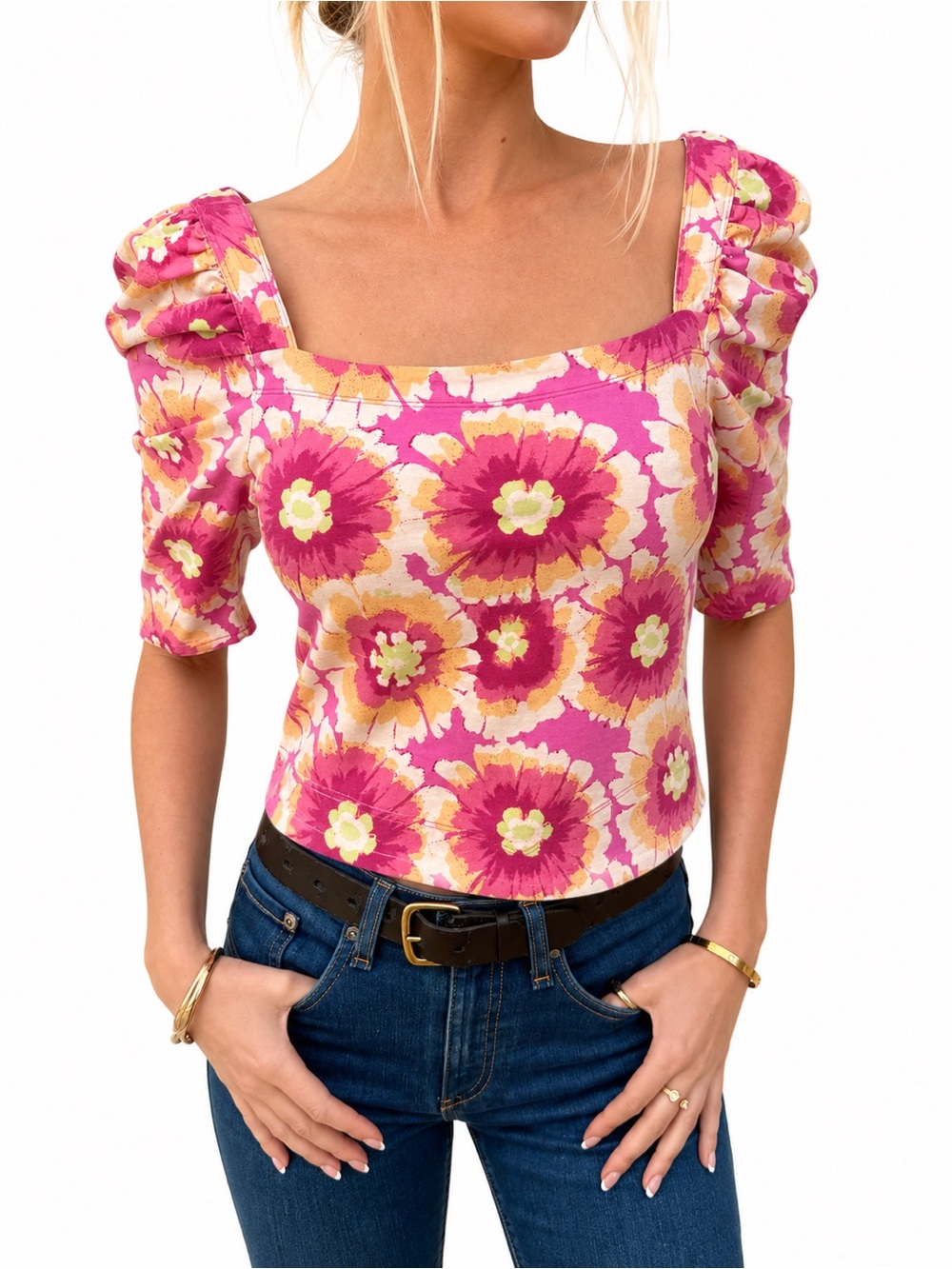 Free People Floral Puff Sleeve Cross-Back Crop Top |
